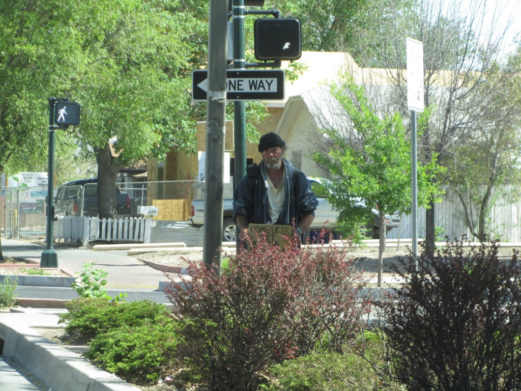 A man holding a sign that reads 'Homeless' stands on a sidewalk near a pedestrian traffic light and a one-way sign, surrounded by trees and shrubbery.